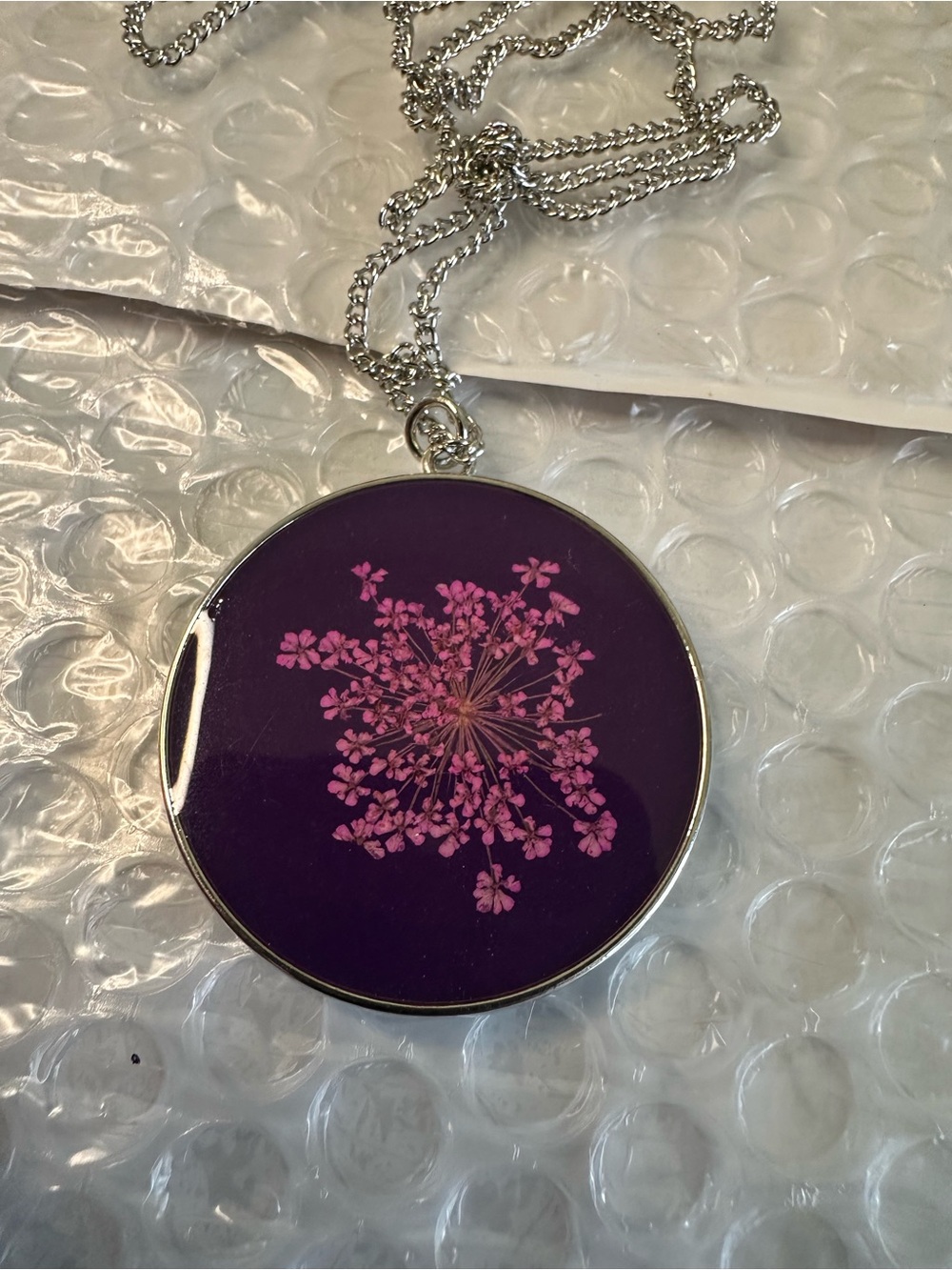 Purple Floral Round Pendant Necklace - Unbranded